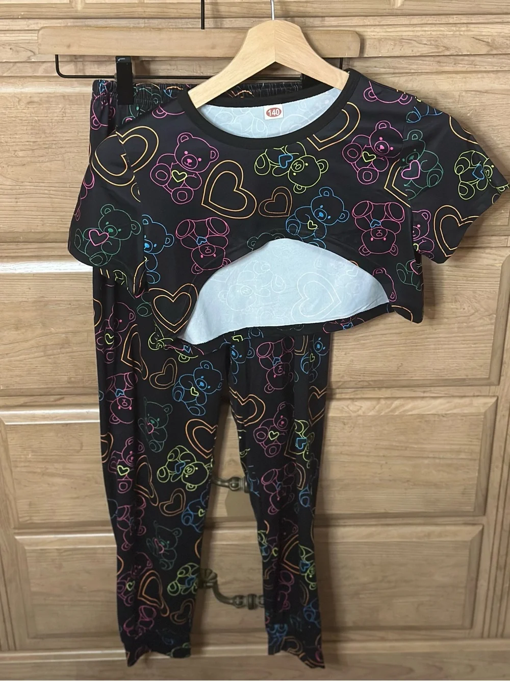 Black Neon Heart & Teddy Bear Print Matching 2pc Cropped Top & Pants Tween Set
